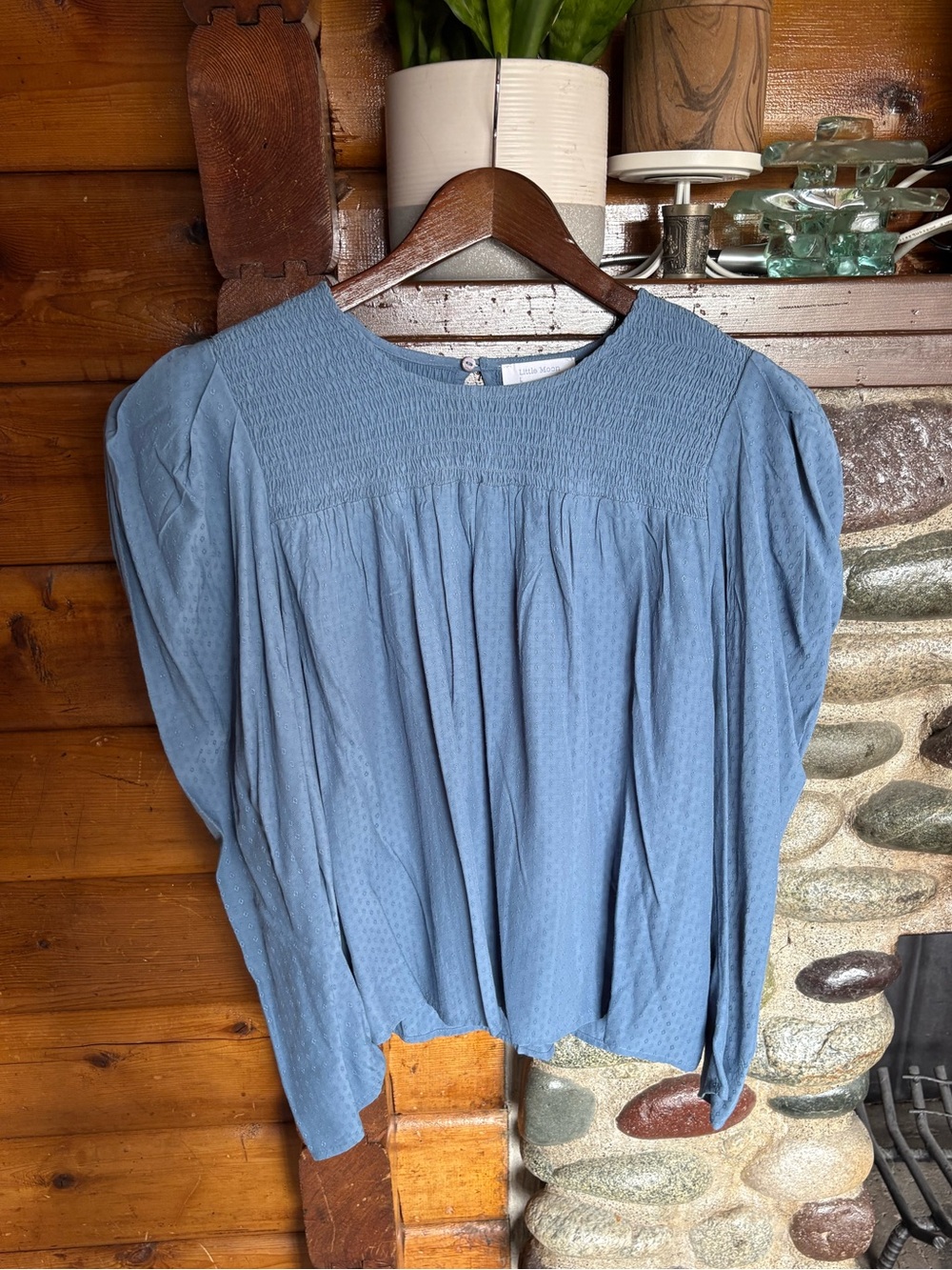 Aritzia Little Moon Solarium Swiss Dot Smocked Blouse NWT Blueprint Blue Large